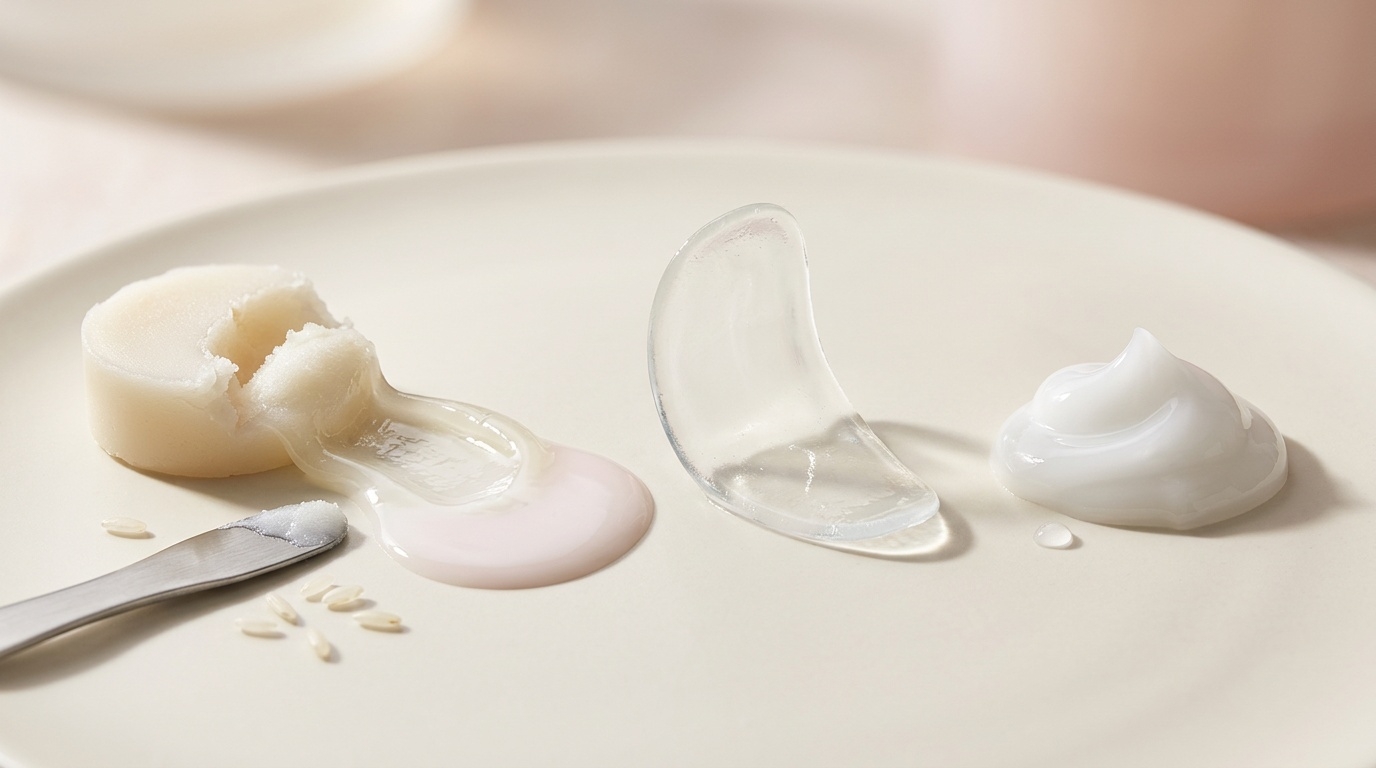 Macro texture shot of Mary Kay K-Beauty Texture Edit cleansing balm, hydrogel patch, and moisturizing gel