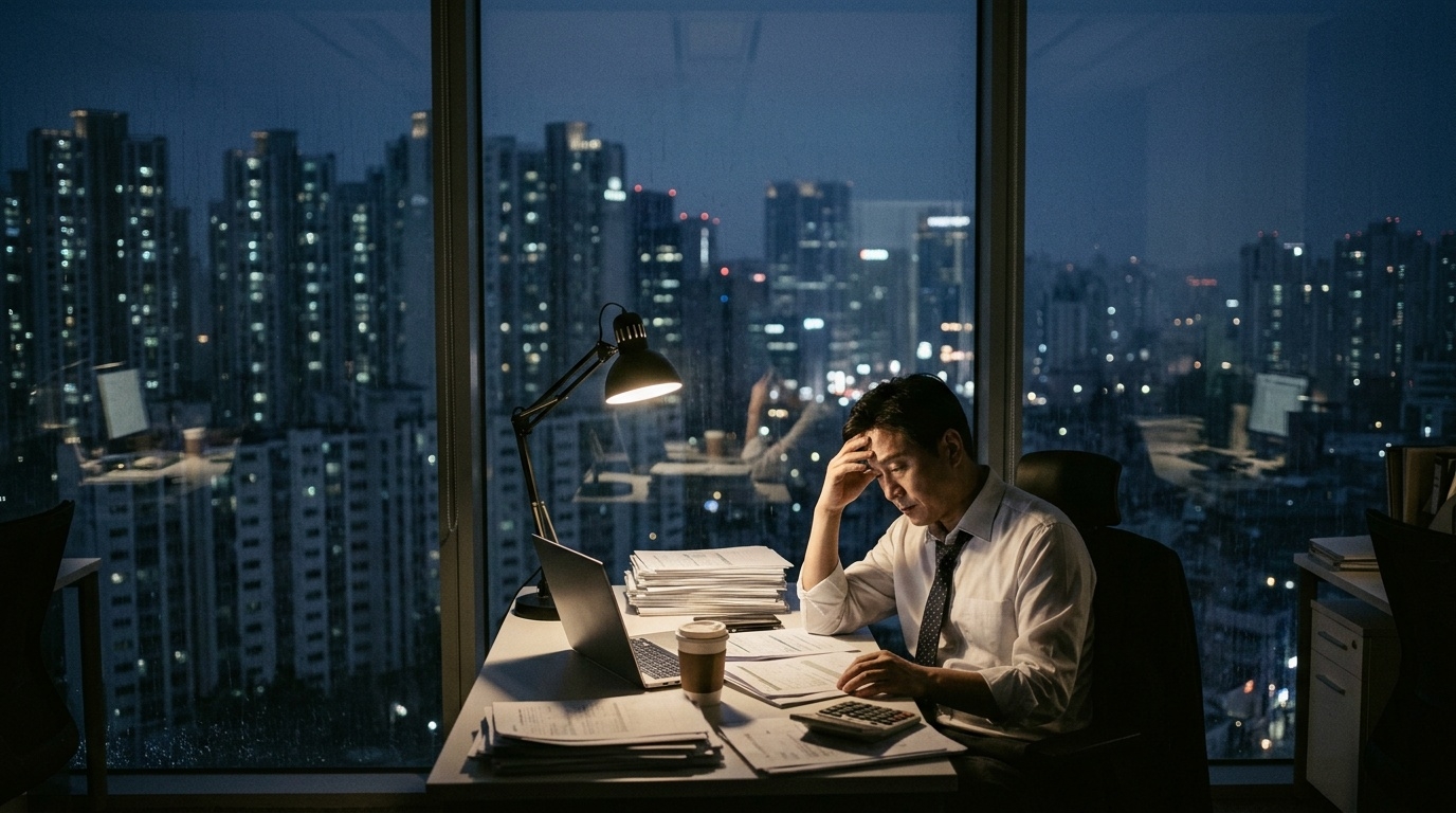 A late-night office worker under financial pressure in Korea
