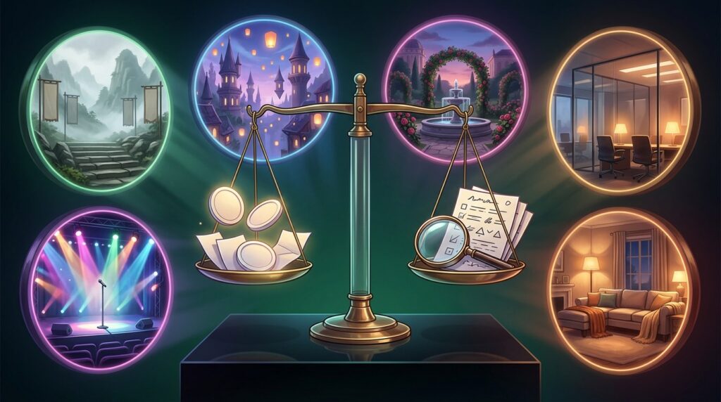 A balanced scale holding voting tokens and review papers, surrounded by genre scenes