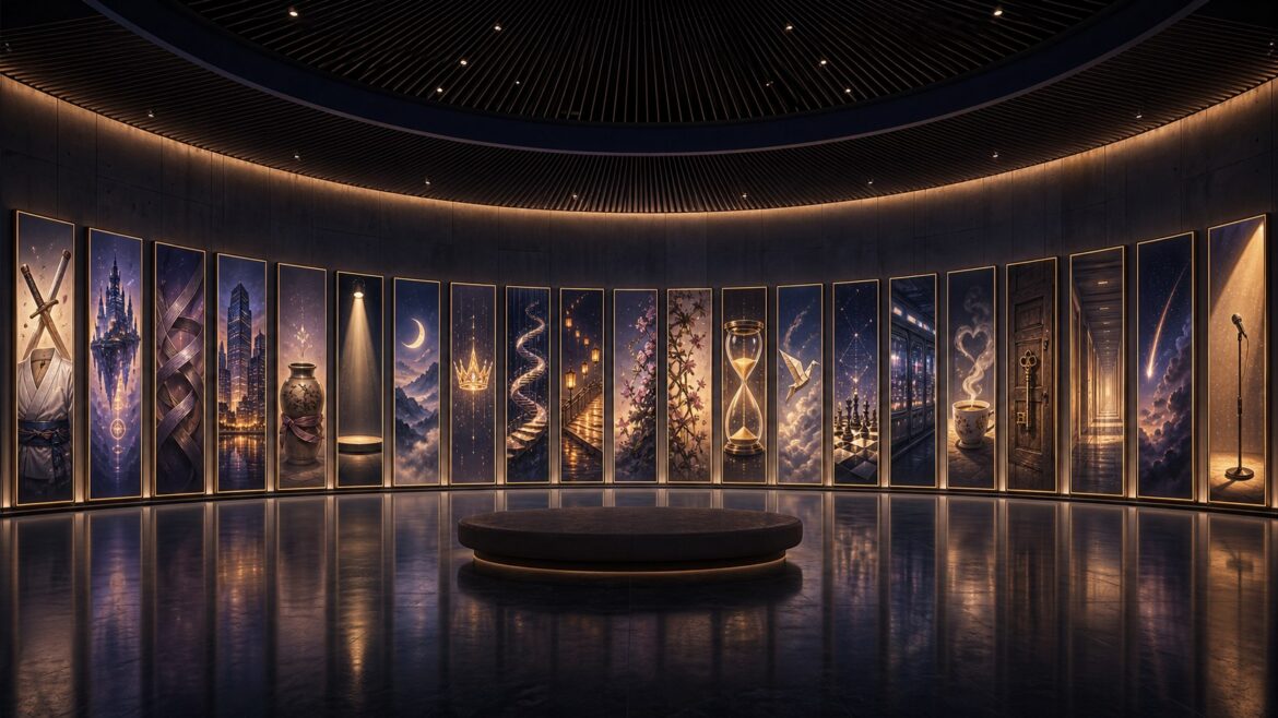 Twenty illuminated vertical story panels arranged in a semicircle in a dark exhibition hall